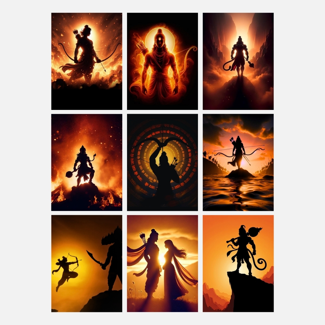 Shree Ram Aesthetic Poster Set of 9 | Collage Kit for Wall Decoration | A4 Size 8x11 Inches | 300 GSM Matte Paper | Multicolor Spiritual Wall Art with Glue Dots